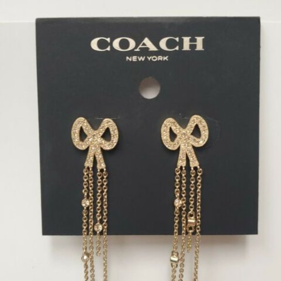 Coach Swarovski Crystals waterfall chains gold pave bow earrings - Picture 4 of 5
